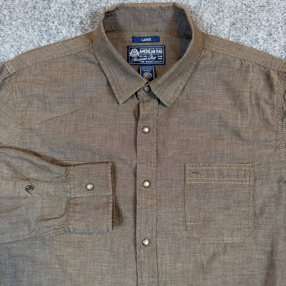 American Rag Mens Large Brown Long Sleeve Snap Button Down Cotton Work Shirt